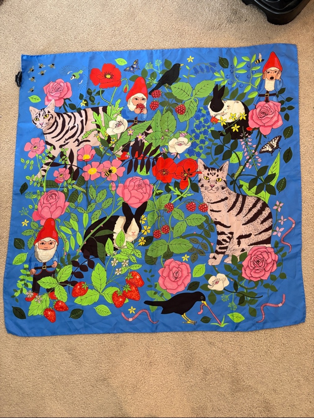 Blue Floral & Gnome Print Silk-Feel Square Scarf